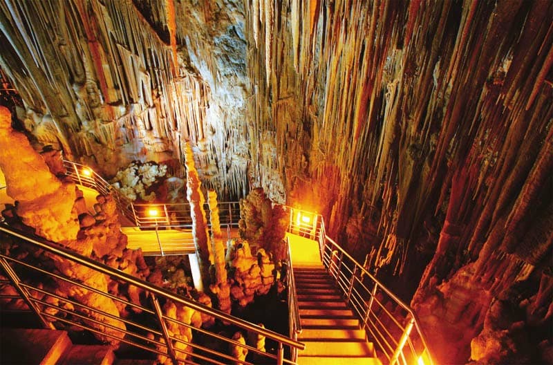Inside Kastania Cave with stalactites and stalagmites